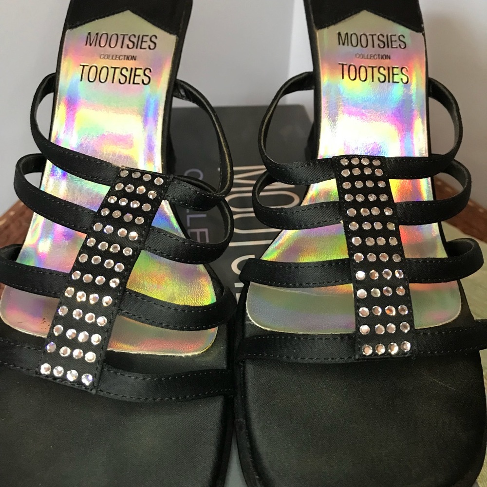 Dressy Black Satin and Rhinestone Slides/Sandals